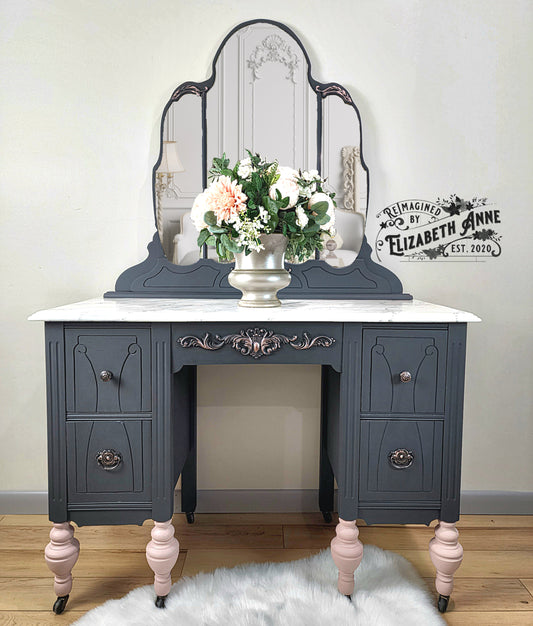 Charcoal and Rose Gold Pink Antique Vanity | Vintage Rose and Floral Makeup Station Storage | French Glamour Solid Wood Dovetailed Drawers