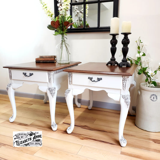Vintage White End Tables with Beautiful Moulding Antiqued in Dark Brown/Charcoal and Stained "Tobacco" Wood Top | Bedroom Nightstands