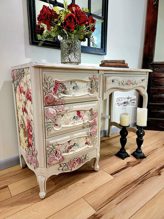 French Country Pink Rose Desk in Ivory & Beige | Makeup Station French Provincial | Natural Earthy Brown Vanity | Glam Storage