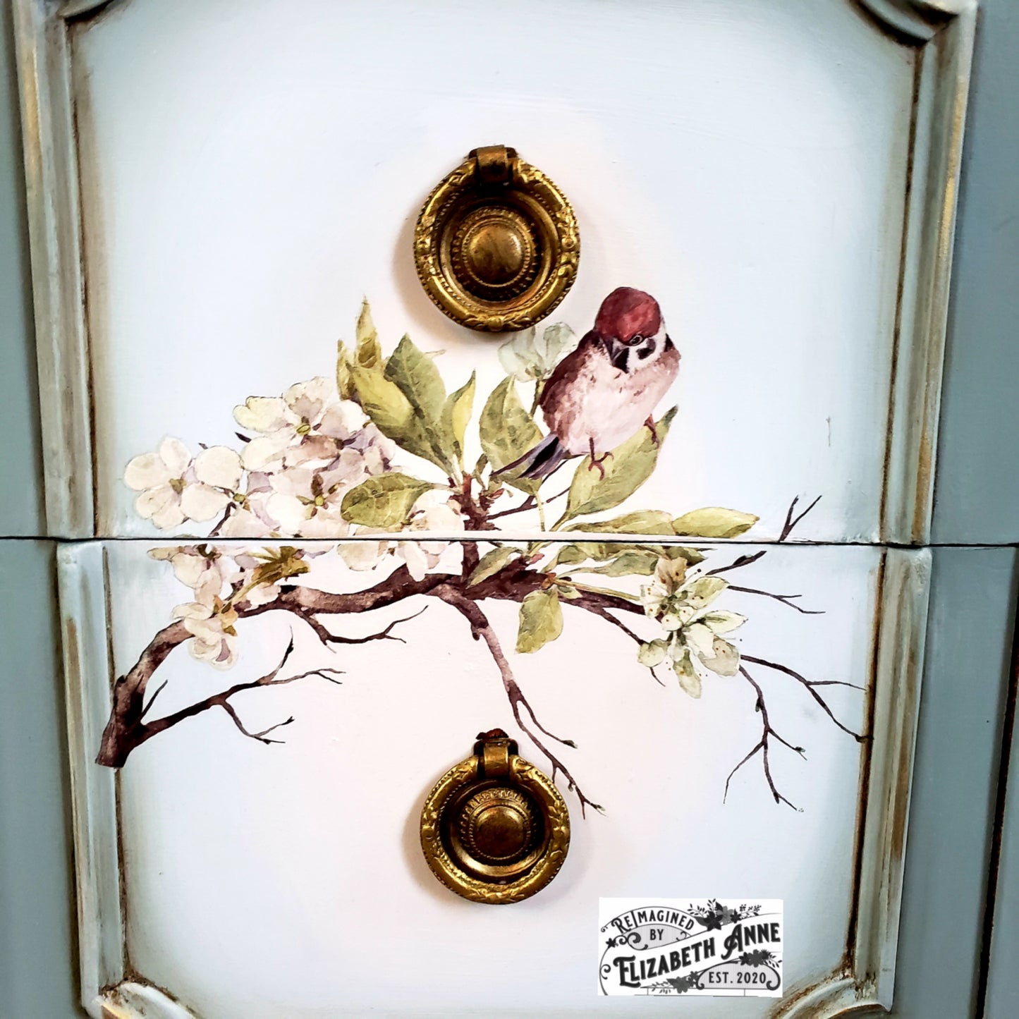 Vintage Duck Egg Blue Bird and Blossom Desk | Make-up Station | Gold Antique Vanity | Natural Wood Furniture