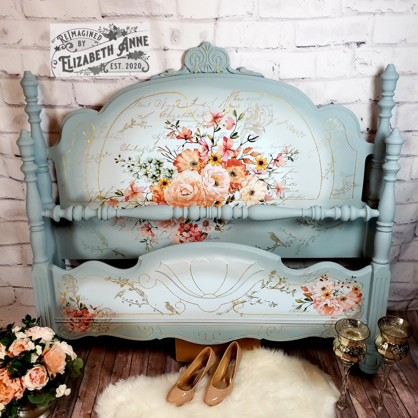 Antique Bedroom Set | Fairytale, Cinderella Inspired Dreamy Blues, Light Pink Roses, Gold Accents