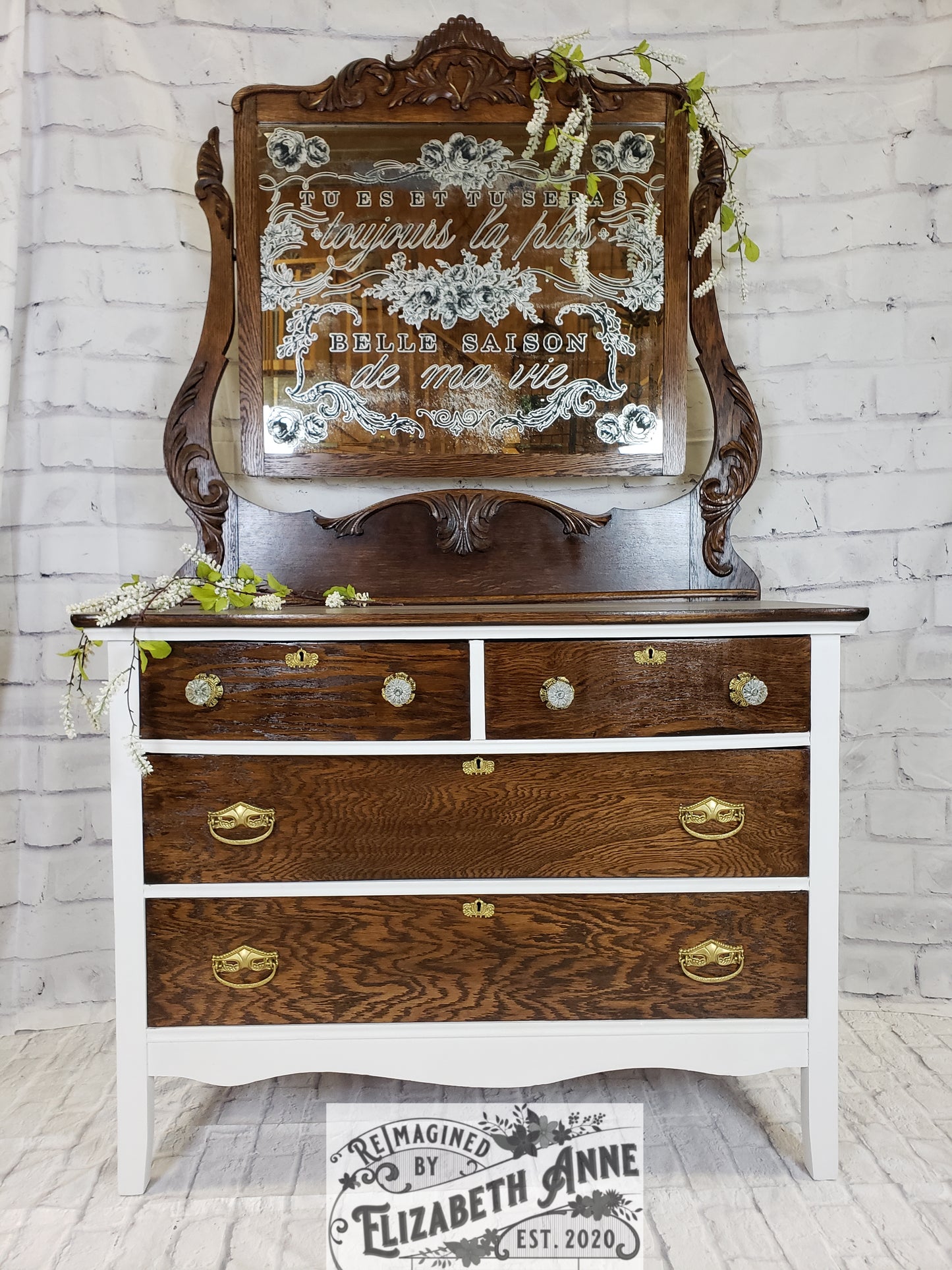 Antique Oak Dresser with Mirror/Victorian Dresser/White Chest of Drawers/Refinished Oak Dresser/Armoire/Entry Storage/Linen Storage