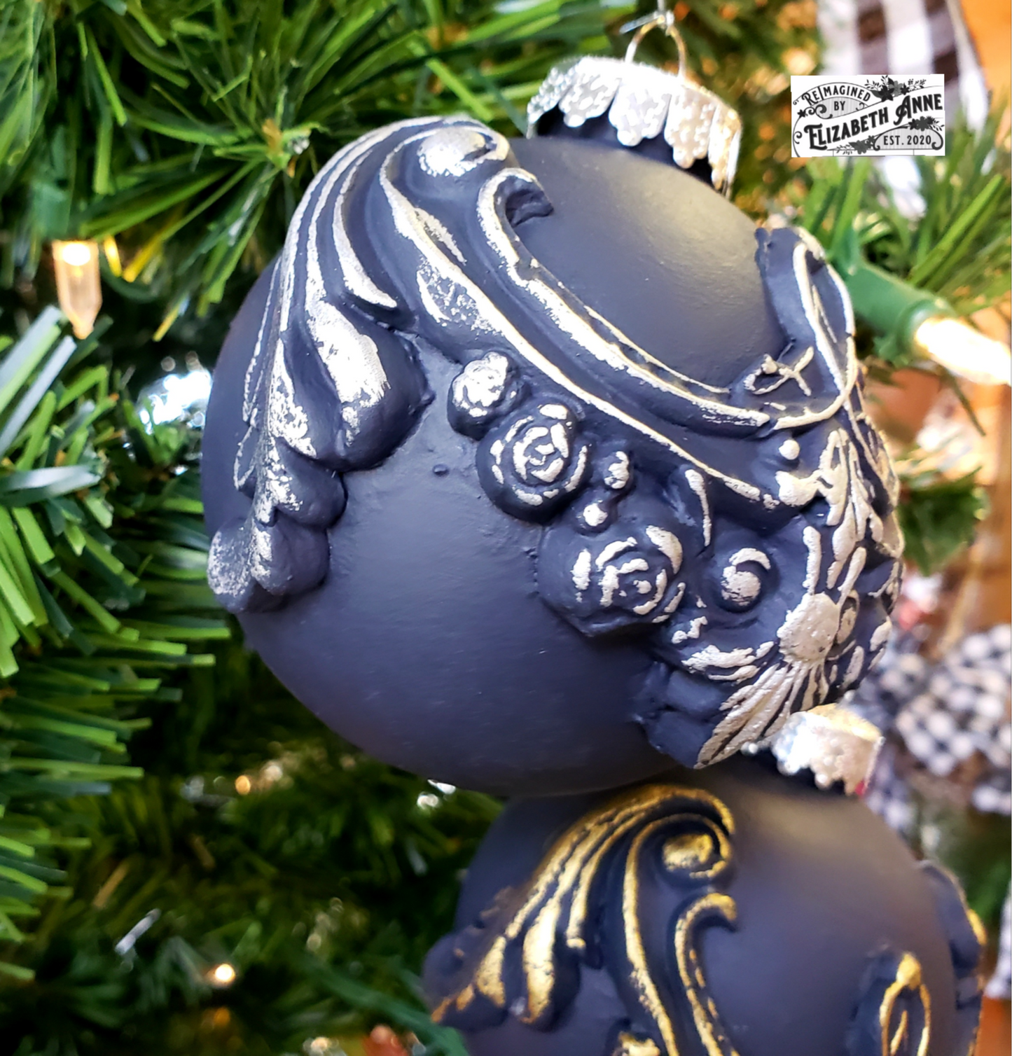 Handcrafted Victorian Style Navy Blue and Gold/Silver Pair of Ornaments | Vintage Inspired Clay Tree Decorations