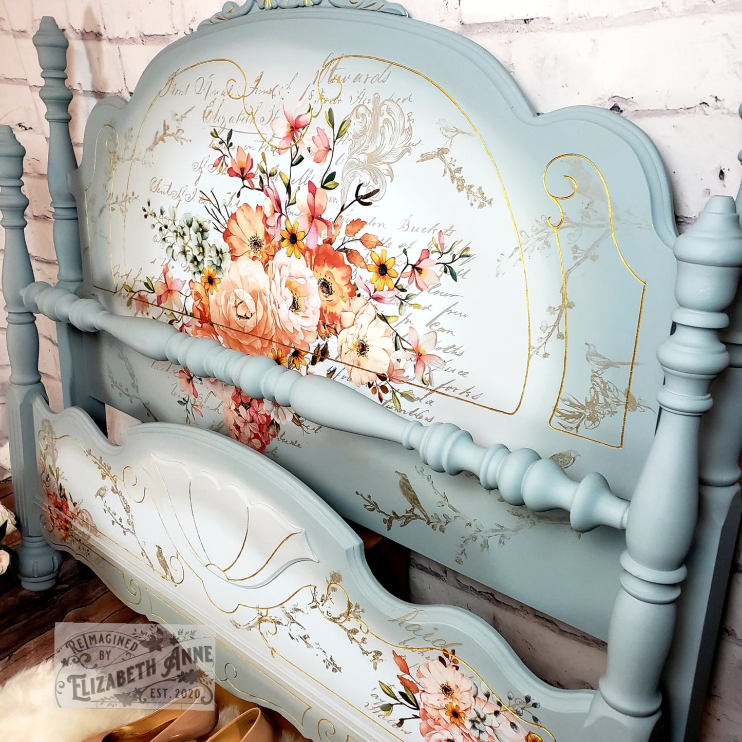 Antique Bedroom Set | Fairytale, Cinderella Inspired Dreamy Blues, Light Pink Roses, Gold Accents