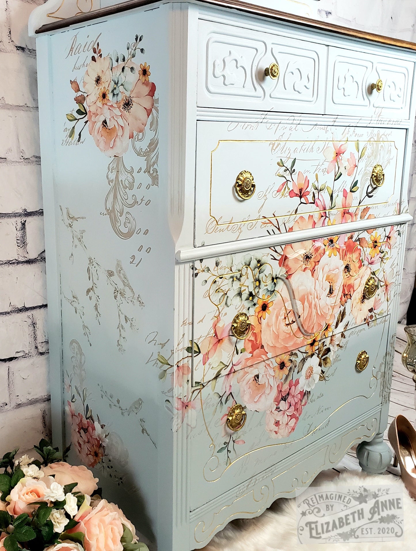 Antique Bedroom Set | Fairytale, Cinderella Inspired Dreamy Blues, Light Pink Roses, Gold Accents