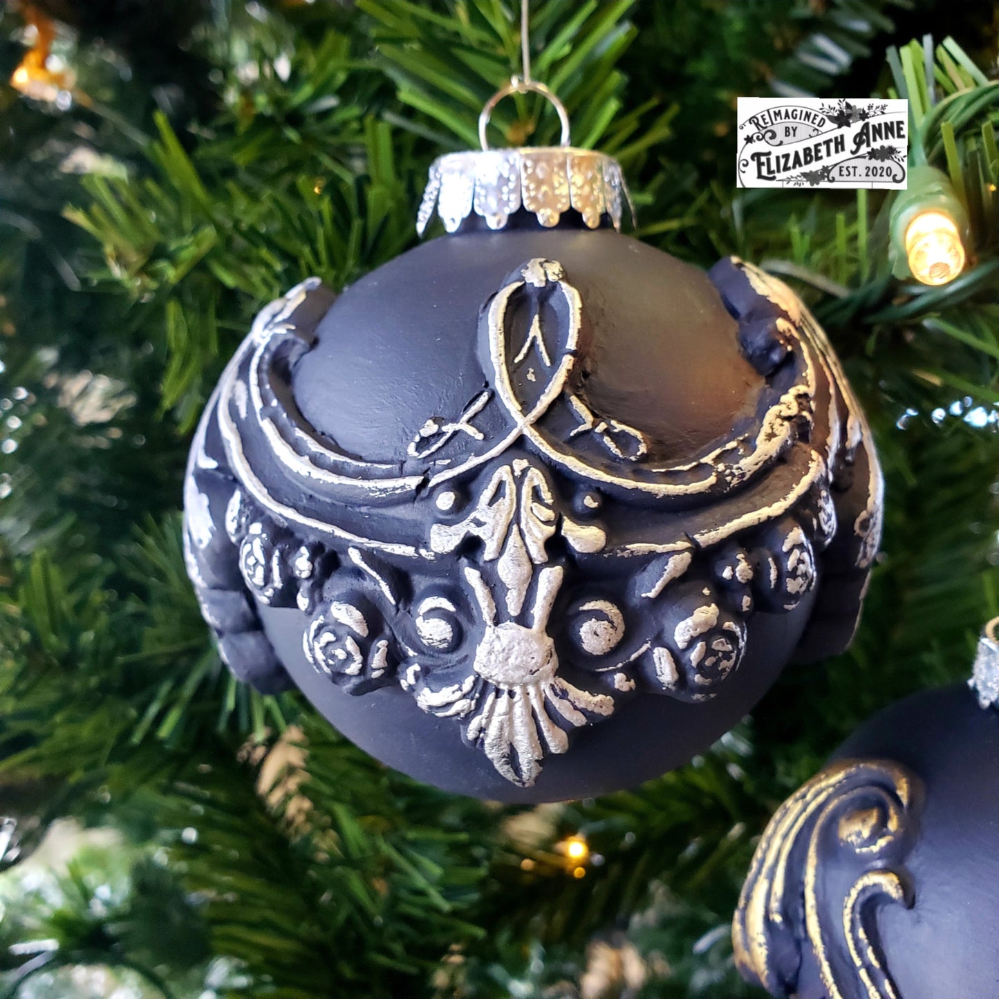Handcrafted Victorian Style Navy Blue and Gold/Silver Pair of Ornaments | Vintage Inspired Clay Tree Decorations