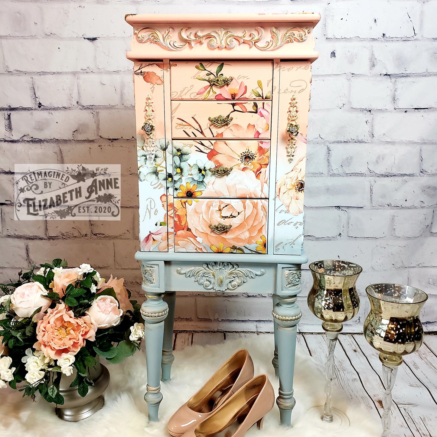 Fairytale Jewelry Armoire | Pink, Apricot, Light Blue, Gray-Blue & Gold Details | Floral Jewelry Storage | French Jewelry