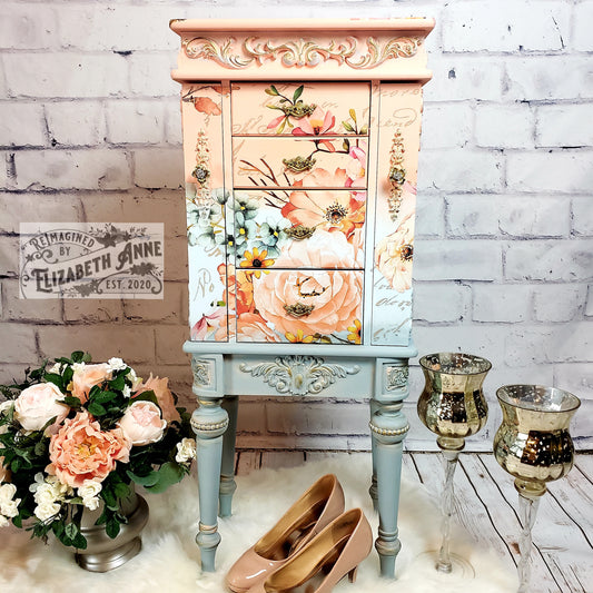 Fairytale Jewelry Armoire | Pink, Apricot, Light Blue, Gray-Blue & Gold Details | Floral Jewelry Storage | French Jewelry