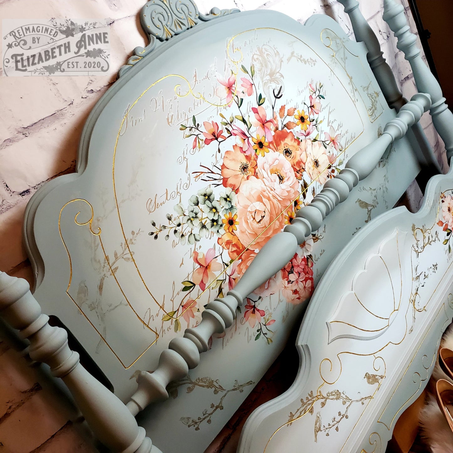 Antique Bedroom Set | Fairytale, Cinderella Inspired Dreamy Blues, Light Pink Roses, Gold Accents