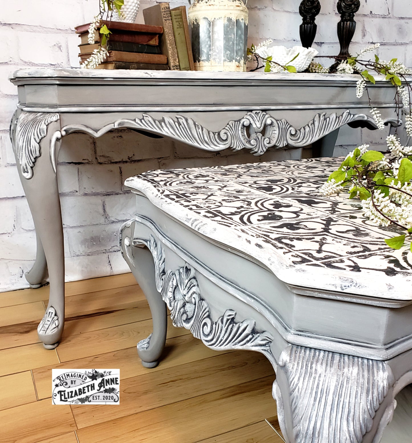 Coffee Table and Sofa Table Set | Vintage Gray, White & Black Furniture | Farmhouse Modern Living Room | Entryway Tables