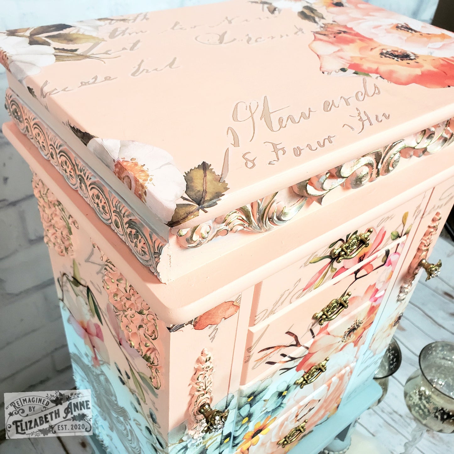 Fairytale Jewelry Armoire | Pink, Apricot, Light Blue, Gray-Blue & Gold Details | Floral Jewelry Storage | French Jewelry