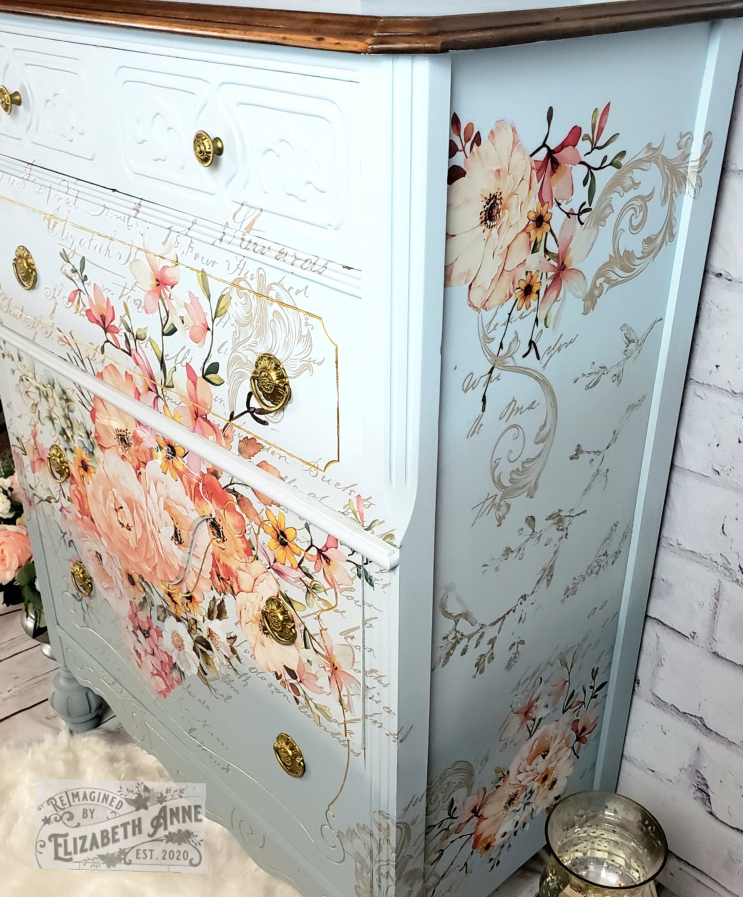 Antique Bedroom Set | Fairytale, Cinderella Inspired Dreamy Blues, Light Pink Roses, Gold Accents