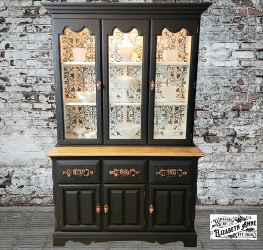 Vintage China Hutch in Modern Matte Black and Copper Handles, Stamped Black and White Lighted Hutch | Oak Storage Kitchen Cabinet