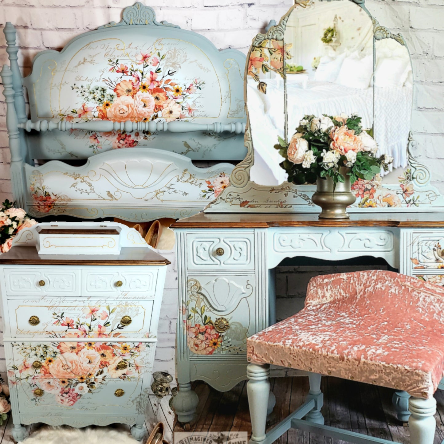 Antique Bedroom Set | Fairytale, Cinderella Inspired Dreamy Blues, Light Pink Roses, Gold Accents