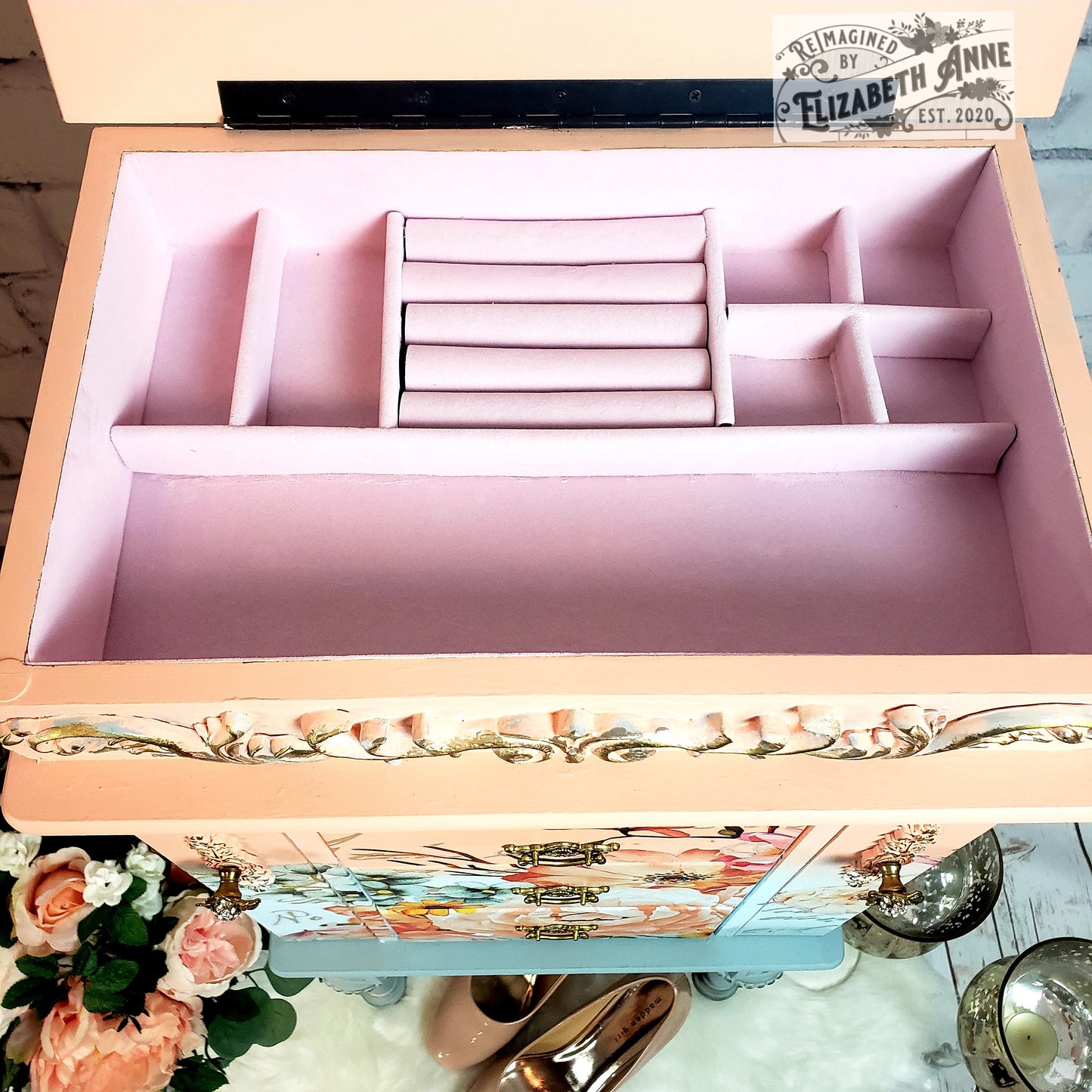 Fairytale Jewelry Armoire | Pink, Apricot, Light Blue, Gray-Blue & Gold Details | Floral Jewelry Storage | French Jewelry