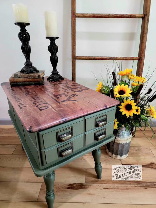 Vintage Industrial End Table in Evergreen Green | Apothecary Style Drawers Bronze Hardware | Antique Weathered Crate Top Print