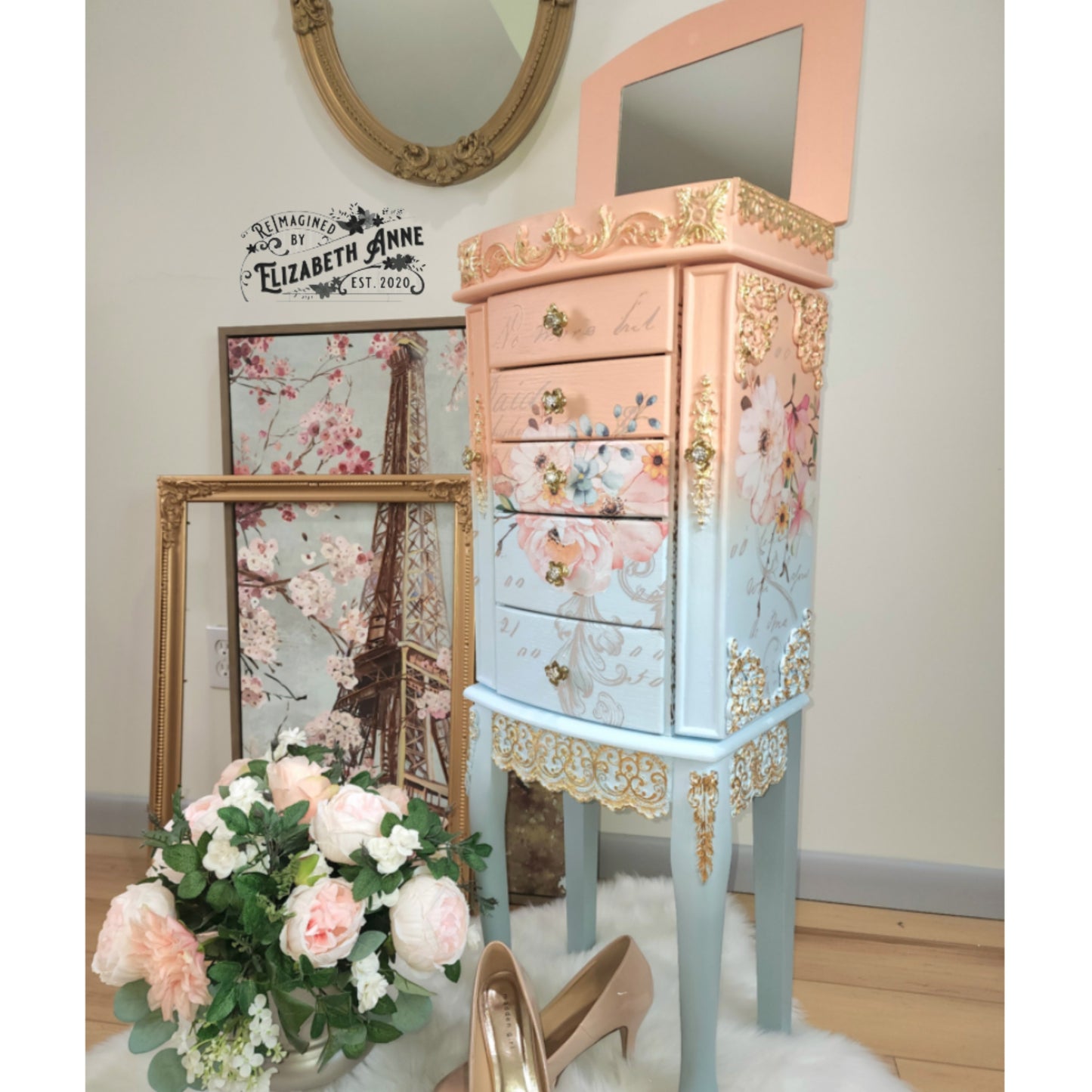 Fairytale Jewelry Armoire | Pink, Apricot, Light Blue, Gray-Blue & Gold Details | Floral Jewelry Storage | French Jewelry Box