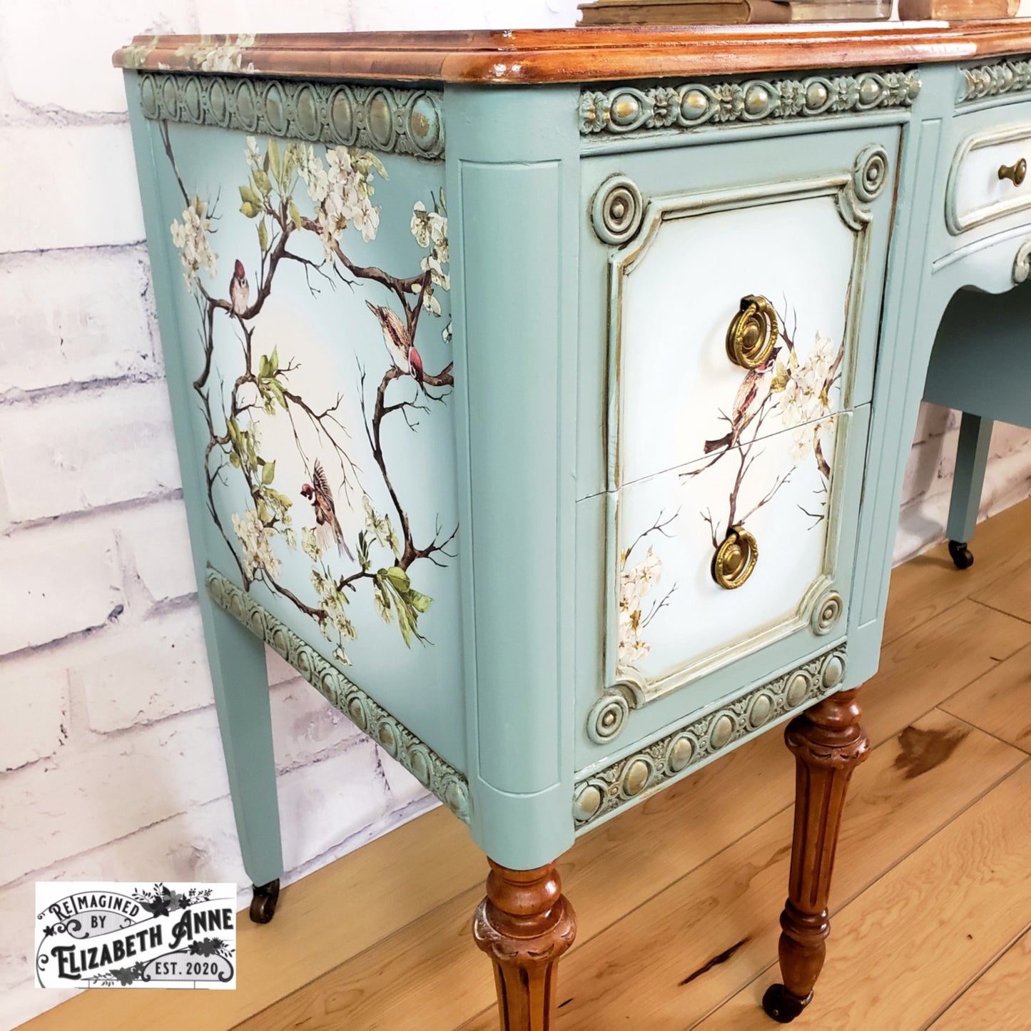 Vintage Duck Egg Blue Bird and Blossom Desk | Make-up Station | Gold Antique Vanity | Natural Wood Furniture
