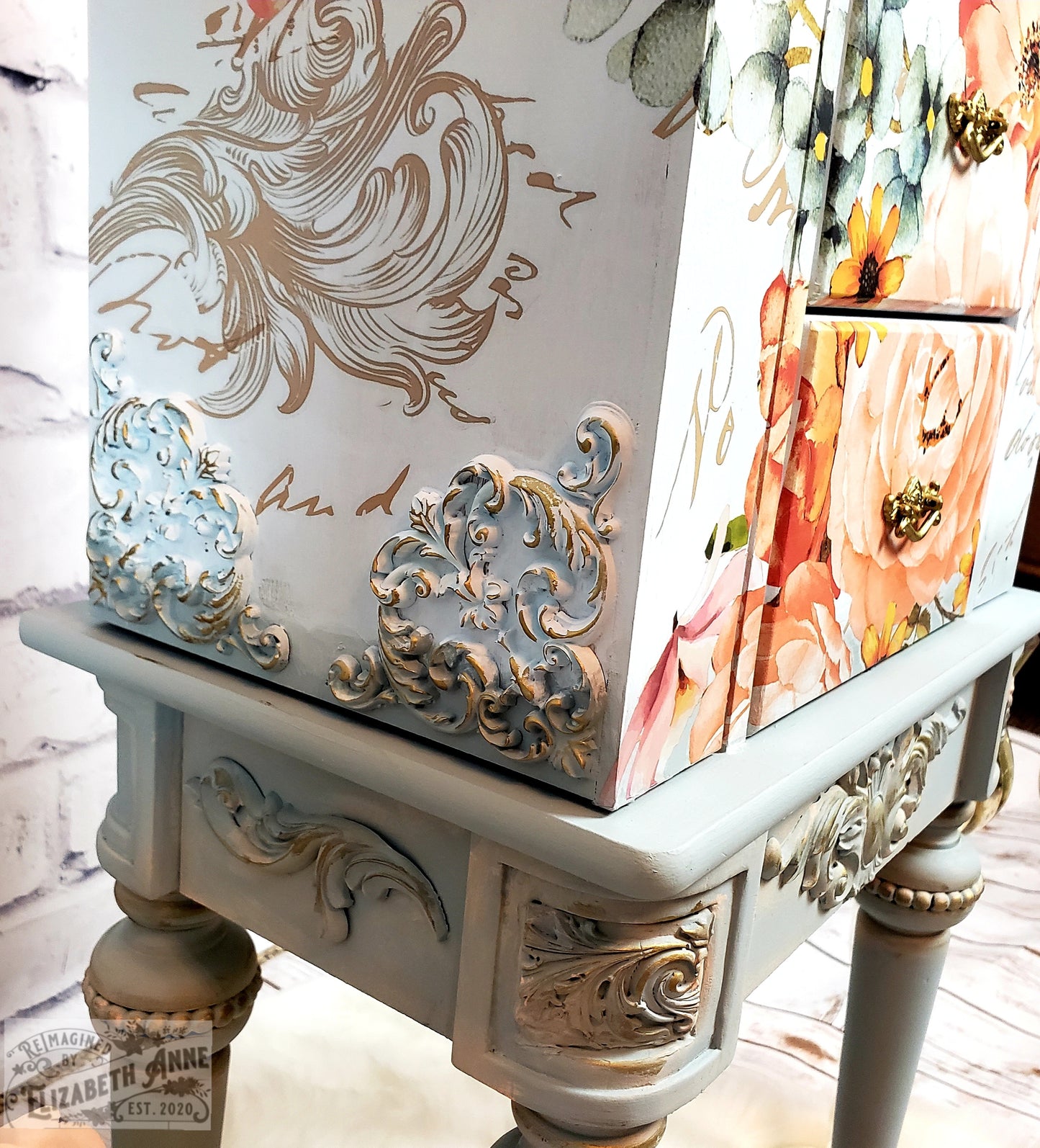 Fairytale Jewelry Armoire | Pink, Apricot, Light Blue, Gray-Blue & Gold Details | Floral Jewelry Storage | French Jewelry