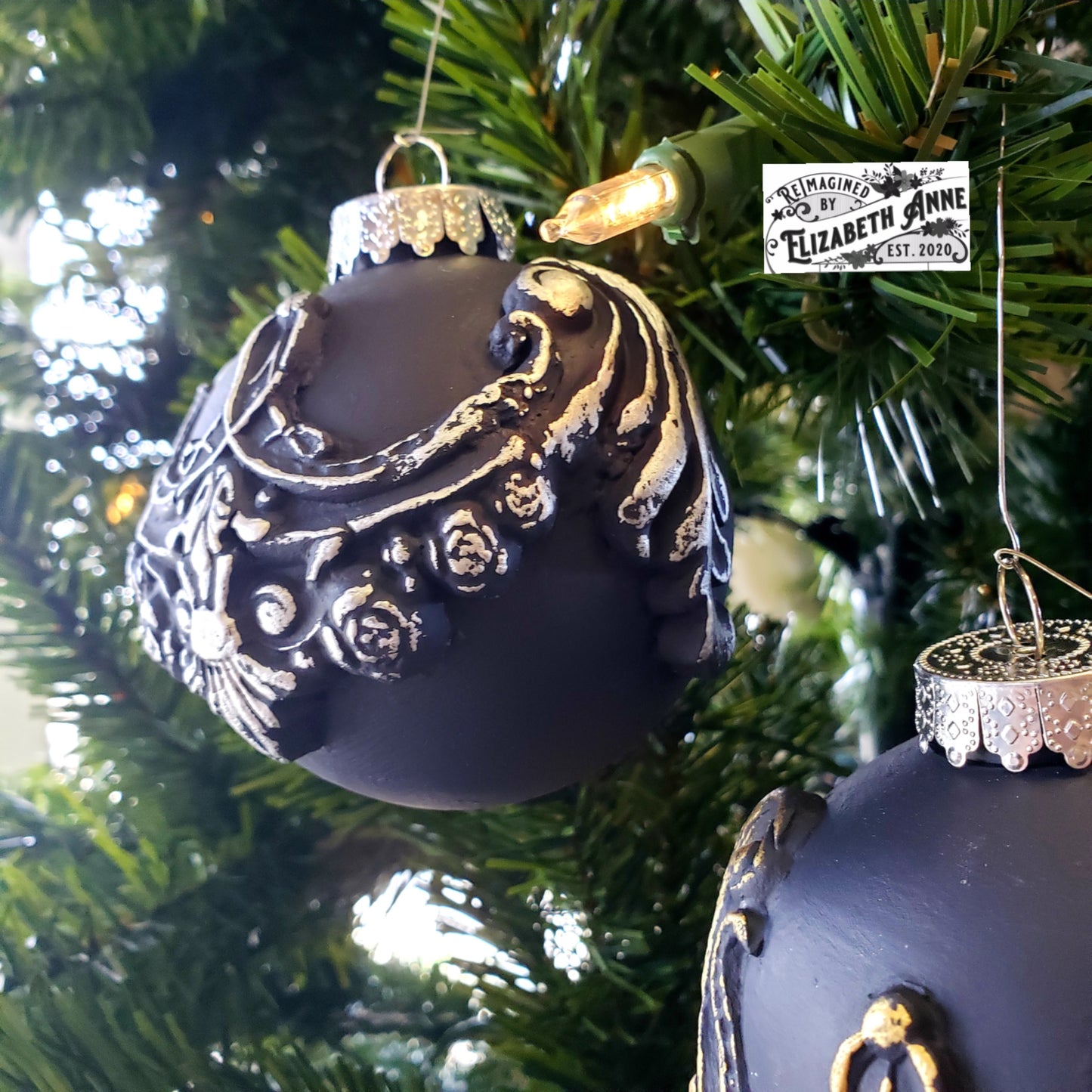 Handcrafted Victorian Style Navy Blue and Gold/Silver Pair of Ornaments | Vintage Inspired Clay Tree Decorations