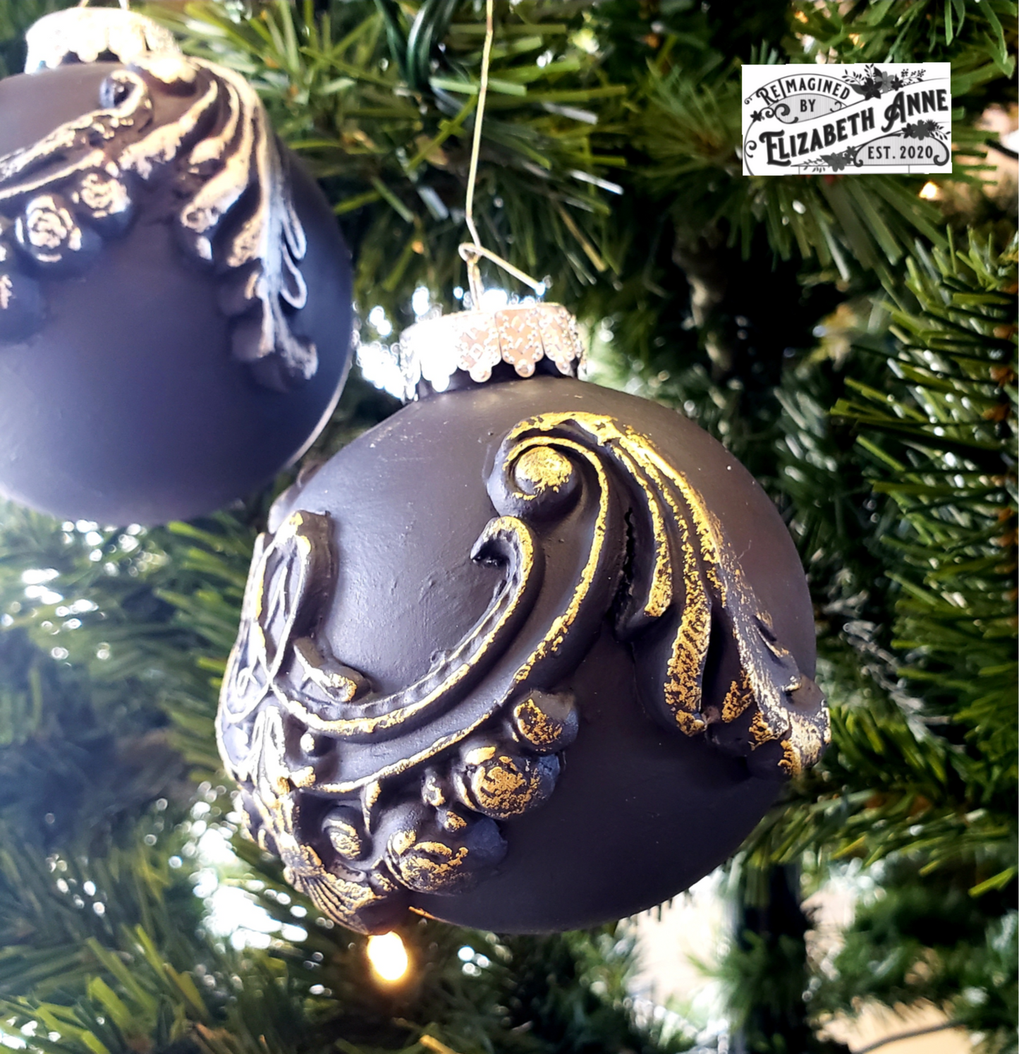 Handcrafted Victorian Style Navy Blue and Gold/Silver Pair of Ornaments | Vintage Inspired Clay Tree Decorations