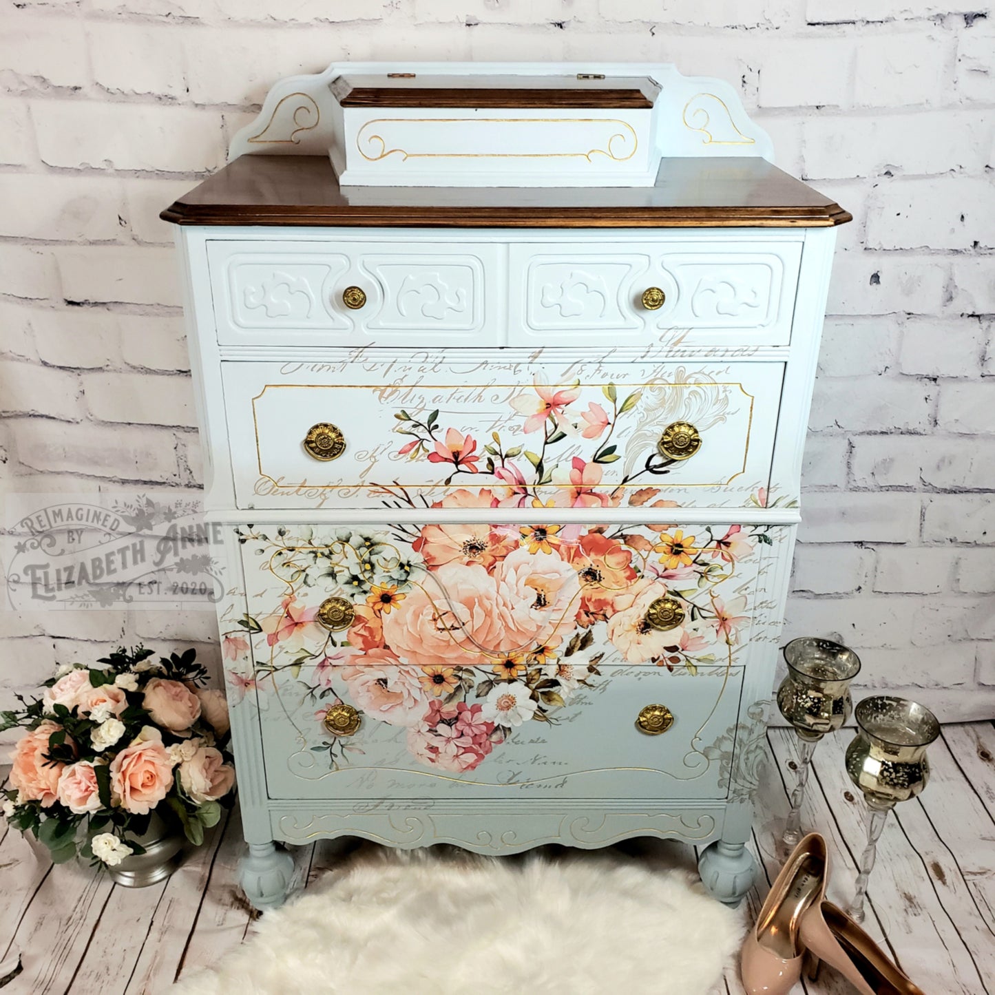 Antique Bedroom Set | Fairytale, Cinderella Inspired Dreamy Blues, Light Pink Roses, Gold Accents