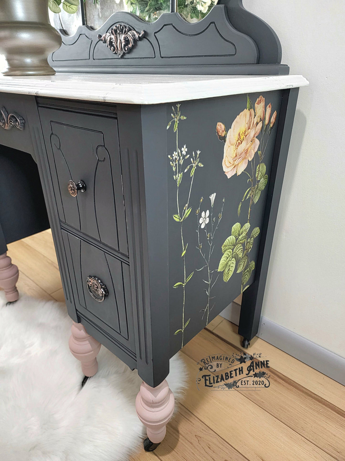 Charcoal and Rose Gold Pink Antique Vanity | Vintage Rose and Floral Makeup Station Storage | French Glamour Solid Wood Dovetailed Drawers